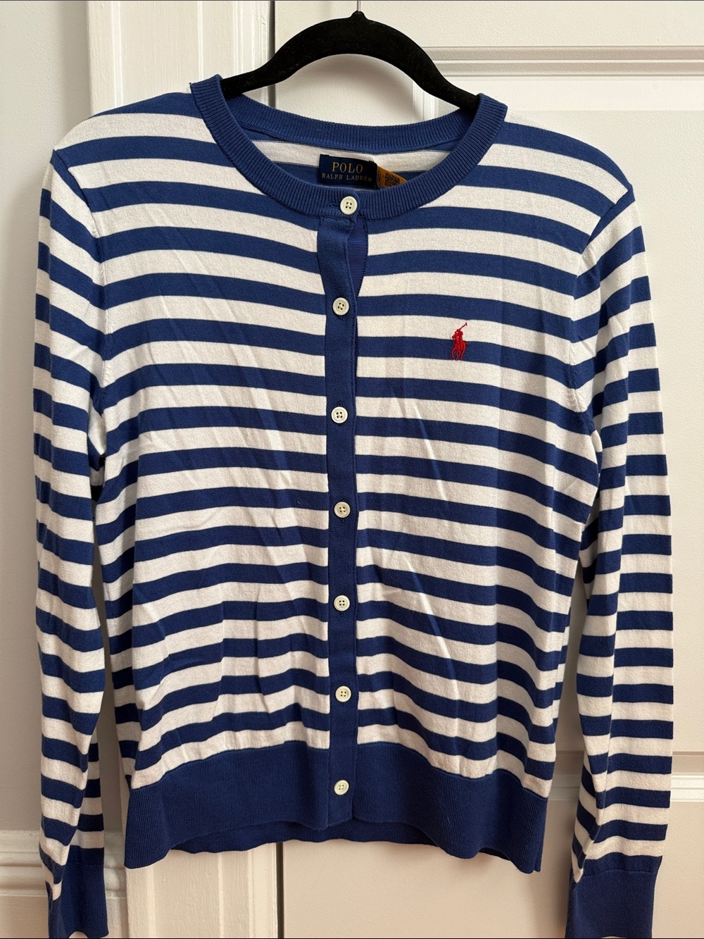 Polo by Ralph Lauren Navy & White Striped Cotton Cardigan with Red Logo